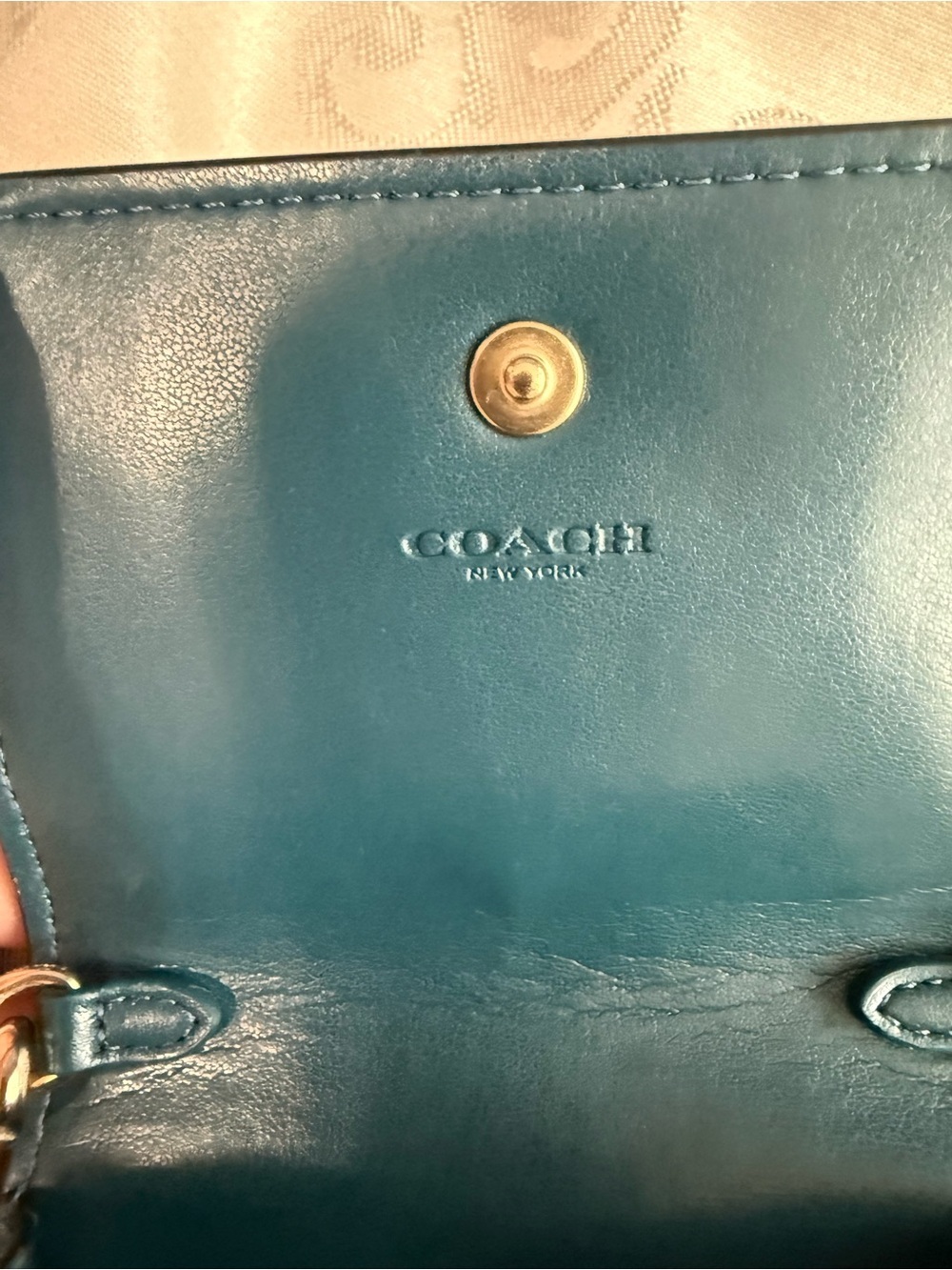 Coach Teal Leather Phone Crossbody Bag | Gold Chain Strap Fits 16Pro Max - Picture 11 of 12